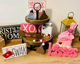 Valentine's Day tier tray decor. Valentine's Day cutouts. Valentine's Day decor. Valentine's Day decorations. Valentine's Day decorating