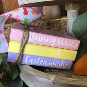 Easter tier tray decor. Easter faux books. Easter decor. Bunny kisses and Easter wishes. Easter decorations. Easter decorating ideas