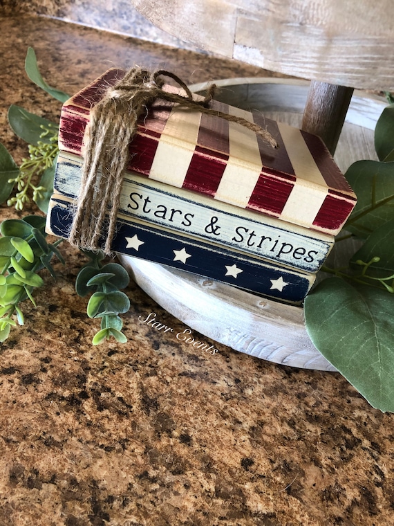 Patriotic tier tray 4th of July decor. Fourth of July faux books. Red white and blue decor. Rustic Americana decor Stars and stripes