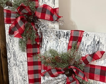 Rustic Christmas presents. Christmas decorations. Rustic Christmas decor. Buffalo plaid Christmas decor. Wooden Christmas presents.