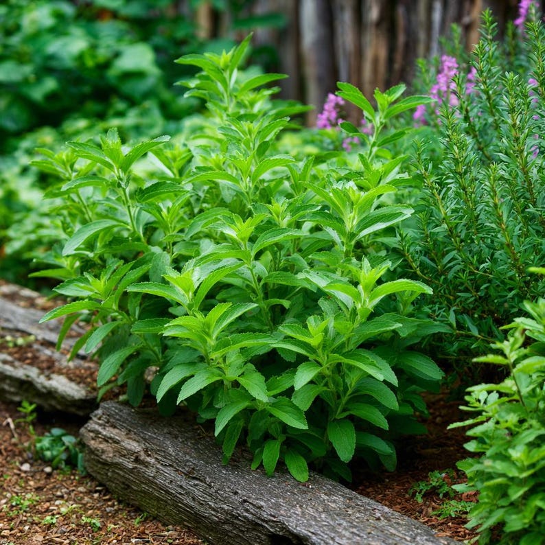 May include: A vibrant, close-up shot of a stevia plant with bright green leaves. The plant is surrounded by other greenery and a weathered wooden border. The image captures the plant's lush foliage and natural setting.