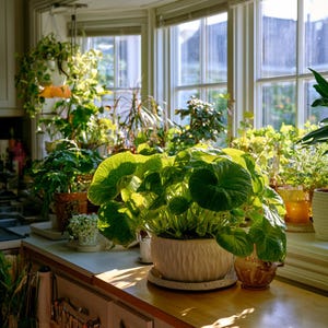 May include: A large, vibrant green plant with rounded, textured leaves potted in a cream-colored, vertically ribbed ceramic bowl. The plant sits on a wooden surface near a window, surrounded by various other potted plants in a bright, sunlit space.