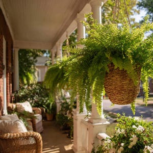 May include: A lush green fern plant grows in a woven brown hanging basket suspended from a porch ceiling. The plant features long, feathery fronds that drape over the sides of the container, creating a dense, vibrant display of foliage.