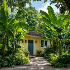 May include: A yellow cottage with a teal door and white-framed windows is surrounded by lush green banana trees and other tropical plants. A stone path leads to the front door, creating a serene, inviting scene. The sky is visible through the trees.