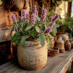 May include: A rustic, weathered ceramic pot filled with vibrant purple flowering plants and green foliage. The pot sits on a wooden surface, with other antique pottery visible in the background, creating a charming, vintage aesthetic.