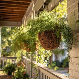 May include: A hanging planter made of brown coconut coir fiber containing a lush, feathery green asparagus fern. The plant features delicate, needle-like foliage that cascades over the sides of the round, textured basket, suspended by thin ropes.