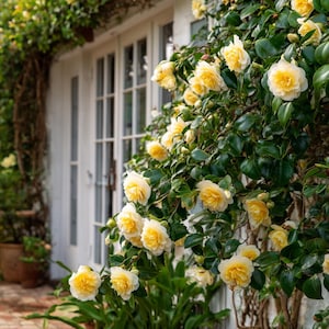May include: A close-up of a white building with a white door and window, covered in vibrant yellow camellia flowers and green leaves. The flowers have a yellow center and white petals. The scene is outdoors.
