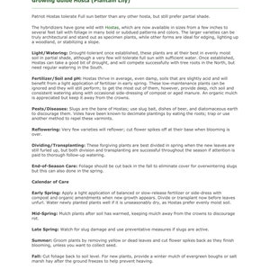 May include: A guide to growing Hosta plants, also known as Plantain Lily. The guide includes information on light and watering, fertilizer and soil, pests and diseases, dividing and transplanting, end-of-season care, and a calendar of care.