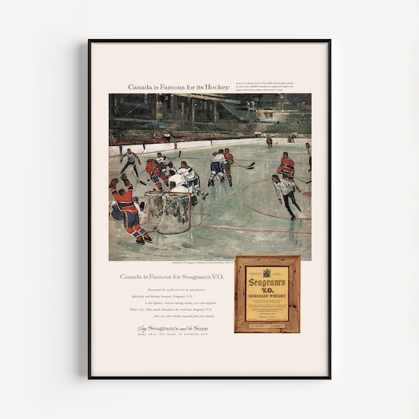 VINTAGE HOCKEY ART, 1950s Canadian Whiskey Print, Retro Mid-Century Advertisement, Montreal Ice Hockey Poster, Retro Barware, Hockey Fan