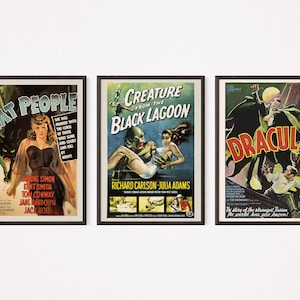 RETRO HORROR MOVIES, Poster Set: Cat People, Creature from the Black Lagoon, Dracula, Vintage Kitsch Movie Prints, Home Theater Decor