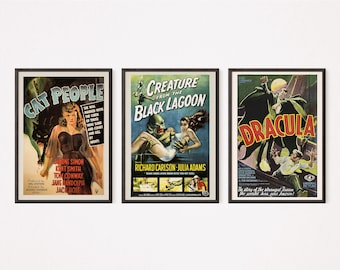 RETRO HORROR MOVIES, Poster Set: Cat People, Creature from the Black Lagoon, Dracula, Vintage Kitsch Movie Prints, Home Theater Decor