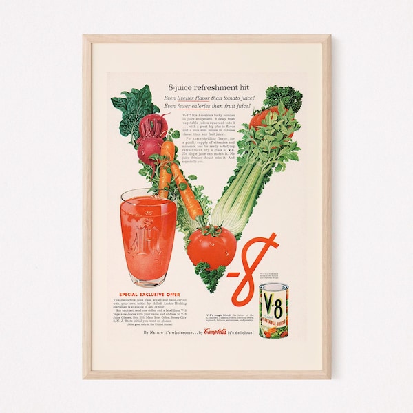 CLASSIC JUICE AD, Retro Mid-Century Ad, Tomato Juice Poster, Vegetable Juice Poster, Vintage 1950s Retro Kitchen Art Home Decor