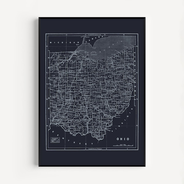 STATE of OHIO MAP, Blueprint Map of Ohio State, Vintage Map, Office Wall Art, Professional Reproduction