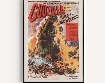 GODZILLA MOVIE POSTER, Vintage Sci-Fi Poster, Cult Movie Poster Classic Movie Poster Art Sci-Fi and Fantasy Film Poster Atomic Age Art