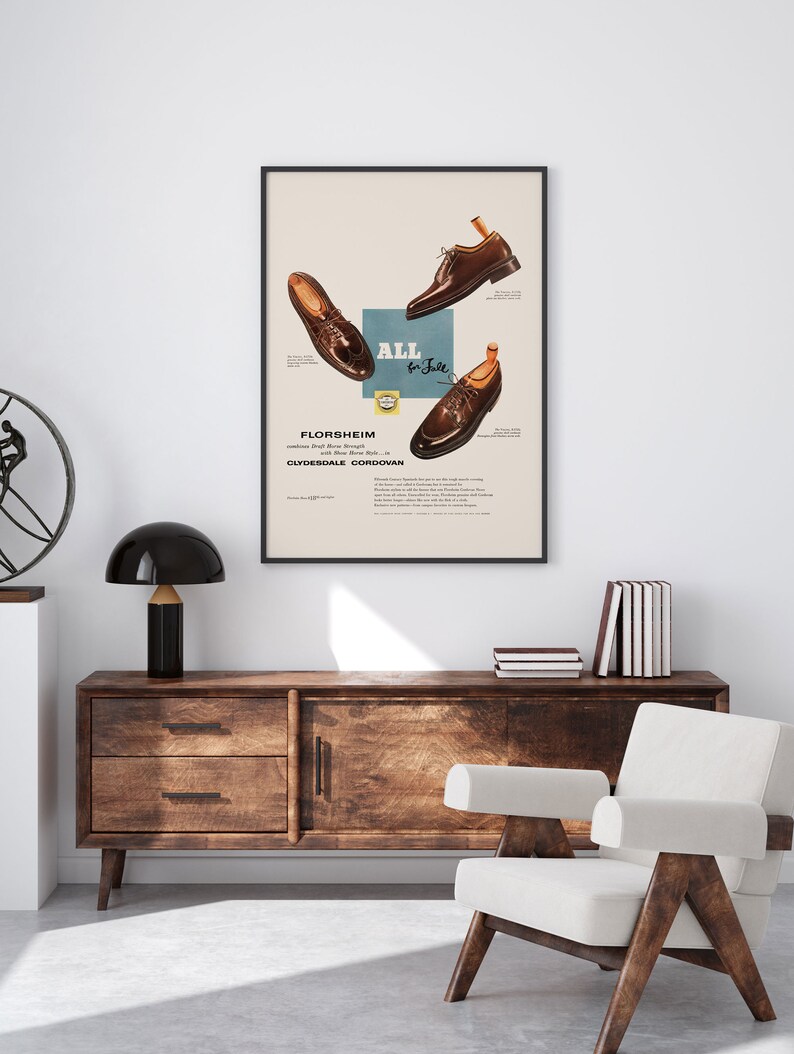 VINTAGE MEN'S SHOES Print, Retro Leather Shoes Ad, Gentleman Fashion Art Retro Advertisement 1950s Fashion Ad image 4