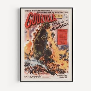 CARTEL DE LA PELÍCULA GODZILLA, póster de ciencia ficción vintage, póster de película de culto, póster de película clásica, póster de película de ciencia ficción y fantasía, arte de la era atómica