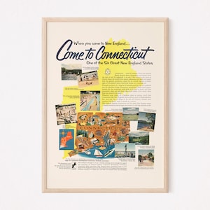 Anuncio de viaje retro de Connecticut, anuncio retro de mediados de siglo, anuncio de viaje vintage, póster de viaje de Nueva Inglaterra, arte de viaje vintage, decoración del hogar, arte mural.