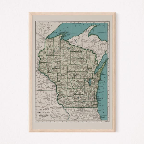 VINTAGE WISCONSIN MAP, Vintage Map of Wisconsin, Antique Map Print, Historical Wall Art, Vintage Wisconsin Wall Art