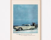 WINTER CAR VINTAGE Ad, Rockabilly Car Poster, Vintage Classic Car ad, Retro Car Ad, White Car Poster, Retro Blue Car Print, Garage Decor