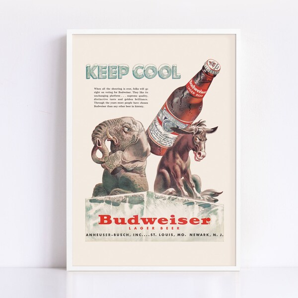 VINTAGE BIER ANZEIGE, Retro Bier Illustration Poster, Barware Poster, 1950er Jahre Retro Werbung, Esel Elefant und Bier, Keep Cool Poster