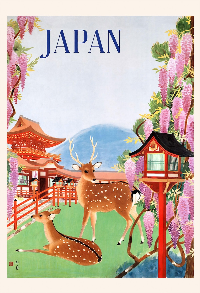 NARA JAPAN PRINT, Vintage Japanese Tourism Poster with Deer Park Scene, Travel Art, Reproduction Giclee image 7