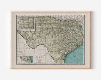 VINTAGE TEXASKAART, vintage kaart van Texas, antieke kaart afdrukken, historische muurkunst, poster van Texas, kunst aan de muur Texas, kaart afdrukken Texas