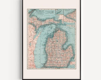 IMPRESSÃO DO MAPA DE MICHIGAN, Decoração retrô para dormitório, Decoração vintage para apartamento, Mapa vintage de Michigan, Decoração para canto de biblioteca, Pôster do estado de Michigan, 1921