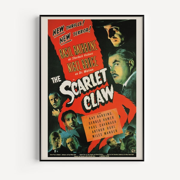 RETRO MOVIE POSTER, Sherlock Holmes Movie Poster, The Scarlet Claw Film Poster, Conan Doyle Movie Poster