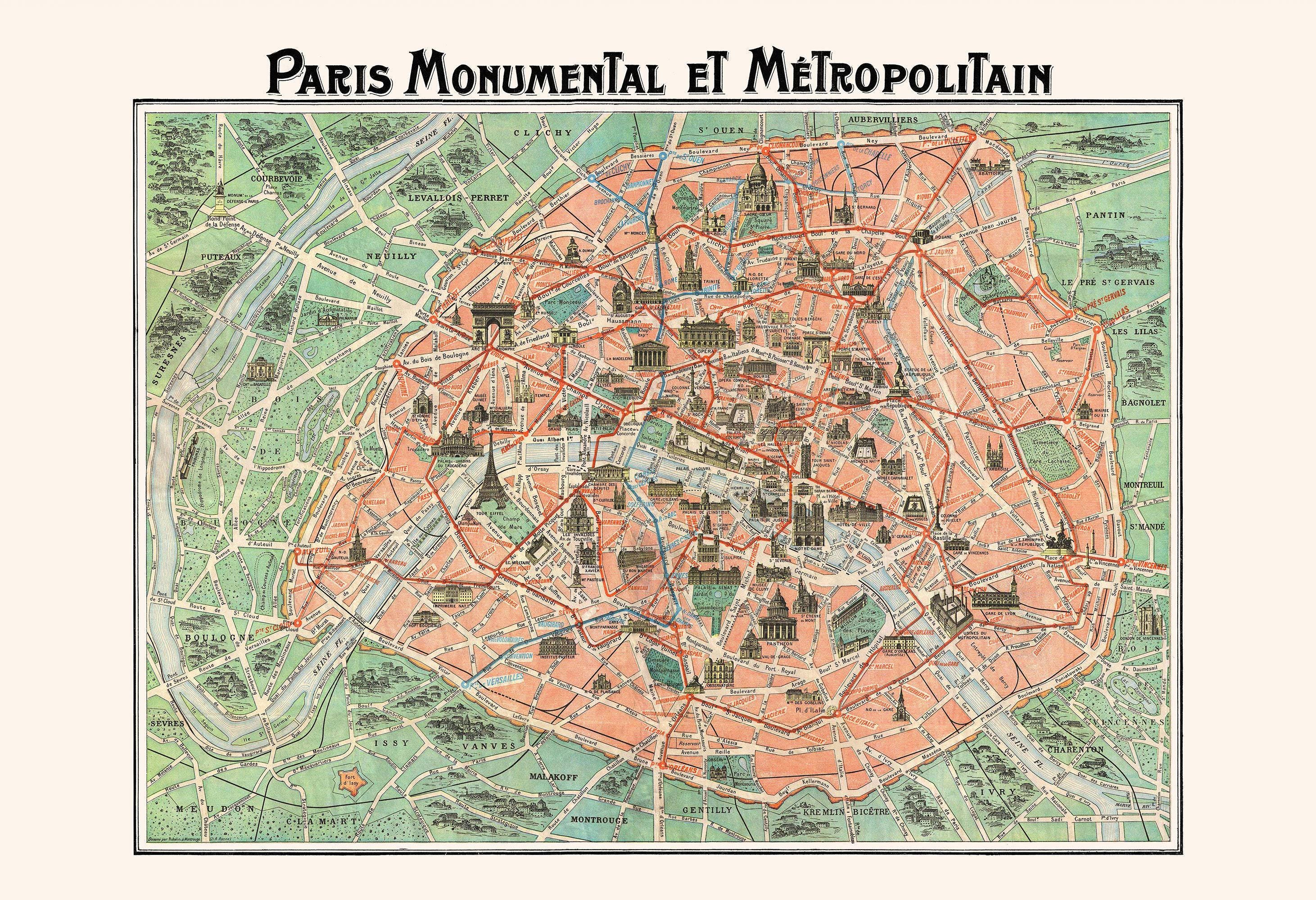Original Antique Map PARIS MONUMENTAL [1920s] A. Taride 22 x 29