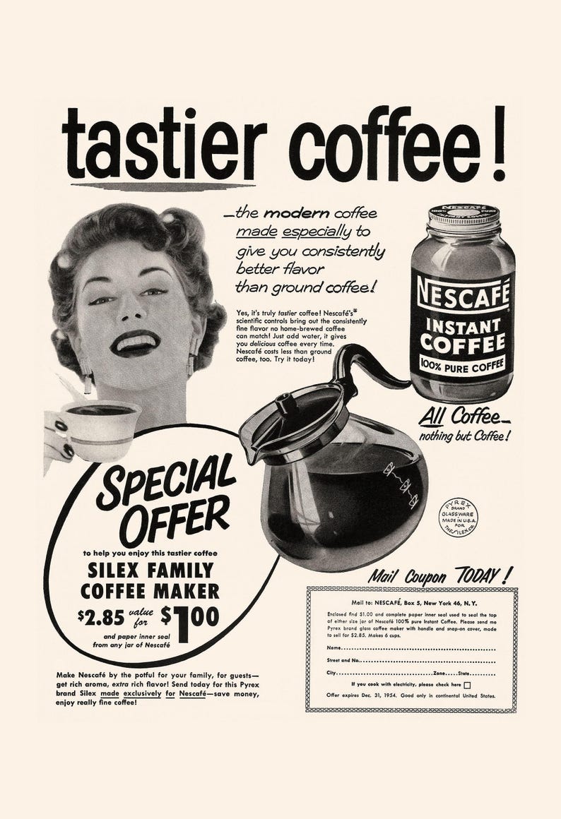 VINTAGE INSTANT COFFEE Ad, Retro Mid-Century Ad, Vintage Kitchen Poster, 1950s, Retro Kitsch Coffee Poster, Mid Century Wall Art image 7