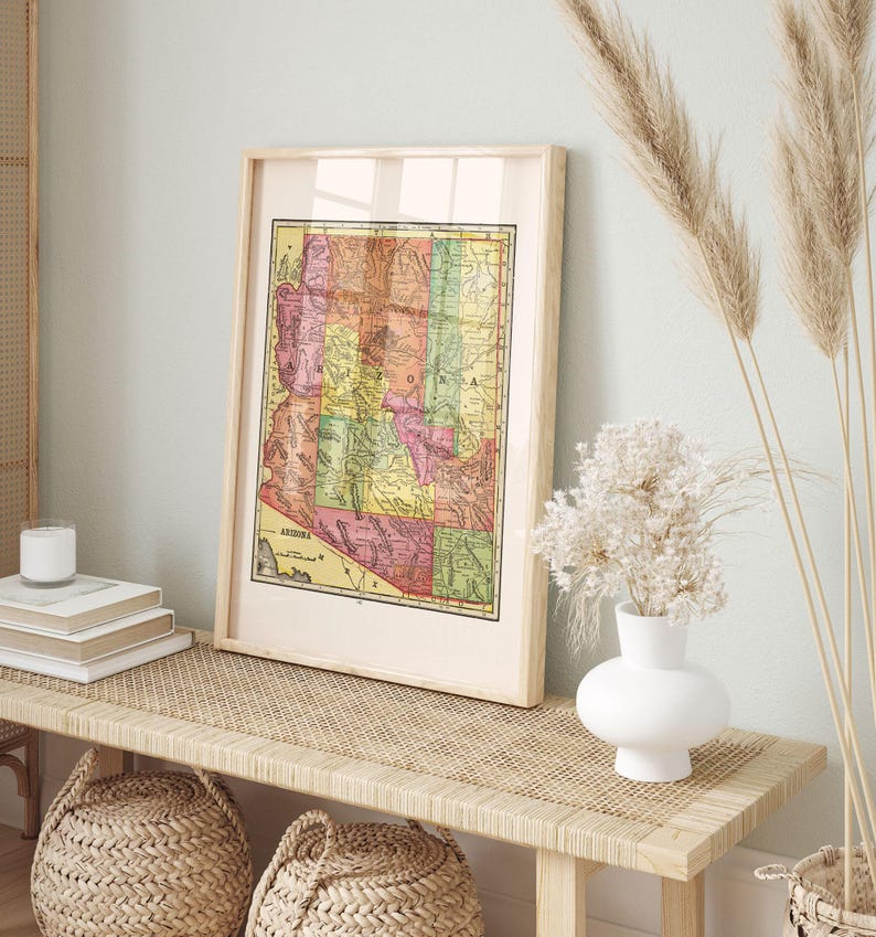 VINTAGE ARIZONA MAP Print Antique Wall Art, Vintage Map of Arizona, Arizona Travel Poster Arizona wall art Home decor Map Ribba image 2