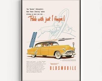PÓSTER DE COCHE NOSTÁLGICO, Impresión publicitaria de automóvil amarillo de los años 50, Anuncio retro de mediados de siglo, Póster de coche