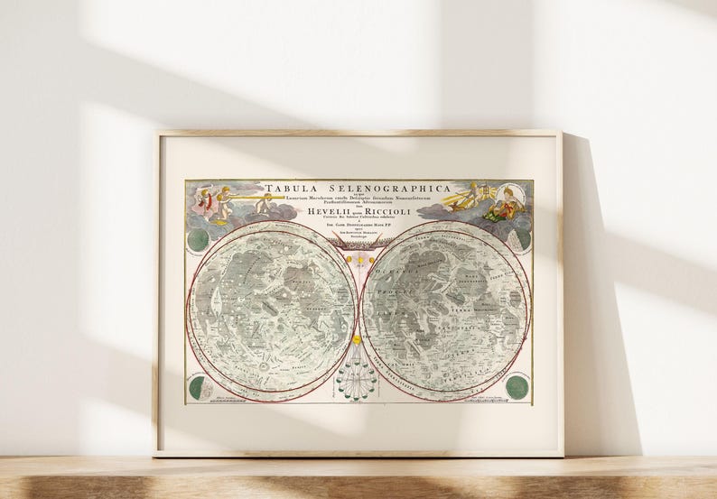 ANTIEKE KAART van de MAAN, maankaartafdruk, professionele reproductie, dierenriem maanstanden antieke occulte muurkunst antieke kunst aan de muur afbeelding 3
