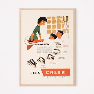 VINTAGE FRENCH AD, Retro Mid-Century Ad, Vintage Laundry Room Poster 1950s Retro Ad Cute Ironing Room Art Retro Home Decor