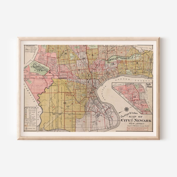 NEWARK NJ MAP, Vintage New Jersey Map, Antique Home Decor, Antique Map Wall Art, Scholarly Wall Decor, Home Library Poster