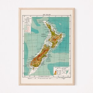 Carte de la Nouvelle-Zélande VINTAGE, carte vintage de la Nouvelle-Zélande, art mural de la Nouvelle-Zélande, reproduction de carte vintage, carte de la Nouvelle-Zélande rétro, Reproduction de haute qualité