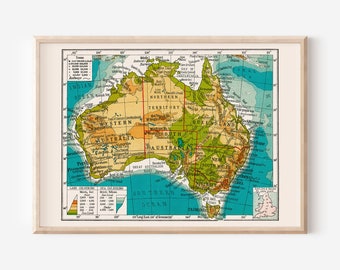 VINTAGE AUSTRALIA MAP, Vintage Map of Australia, Australia Map Print, Australia Travel Poster, Retro Australia Map, Ribba