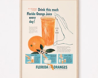 Publicité ORANGES DE FLORIDE VINTAGE, affiche petit-déjeuner rétro, affiche de cuisine rétro, art mural de cuisine vintage orange frais, affiche de taille Ribba, cuisine