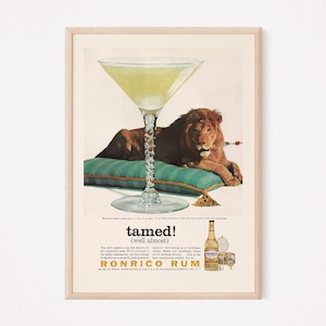 ANUNCIO DE RON VINTAGE, Anuncio de cóctel retro, Póster de león vintage, Anuncio retro, Publicidad vintage, Decoración de bar, Póster de ron retro, Arte mural retro