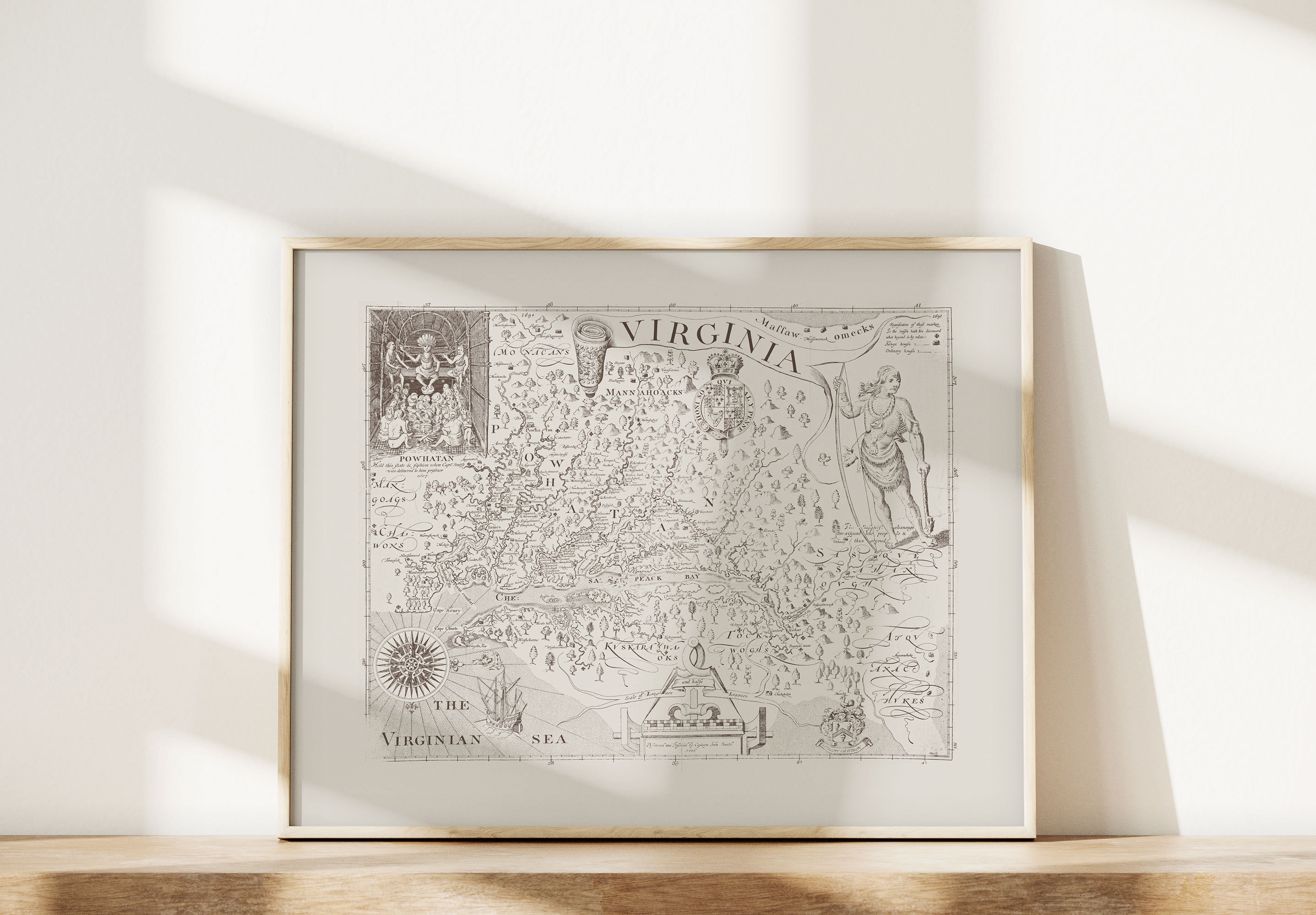 VINTAGE VIRGINIA MAP, Historical Map Of Virginia, Powhatan Antique Map