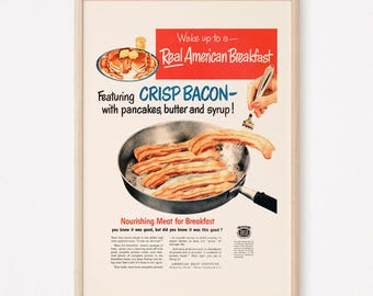 PUBBLICITÀ VINTAGE BACON, Pubblicità retrò di metà secolo, Poster da cucina vintage, Pubblicità retrò anni '50, Poster kitsch, Arredamento retrò per la casa