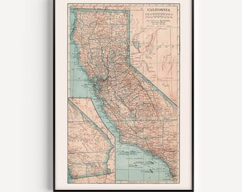 OLD CALIFORNIA MAP, Vintage Map of California, Retro Map Wall Art, West Coast Map, Travel Gift, Gift for Him, Retro Office Decor, 1920s