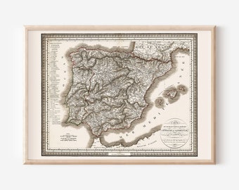 MAP of SPAIN and PORTUGAL, Map of Spain, Historical Map, Antique Map Reproduction, Praga, Praha, Czech