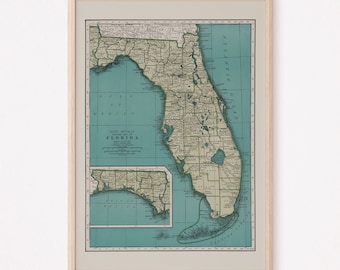 FLORIDA MAP PRINT, Vintage Map of Florida, Old Map Print, Vintage Wall Art, Old Florida Map, Historical Wall Art