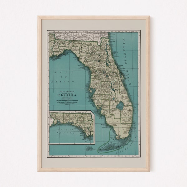 FLORIDA MAP PRINT, Vintage Map of Florida, Old Map Print, Vintage Wall Art, Old Florida Map, Historical Wall Art