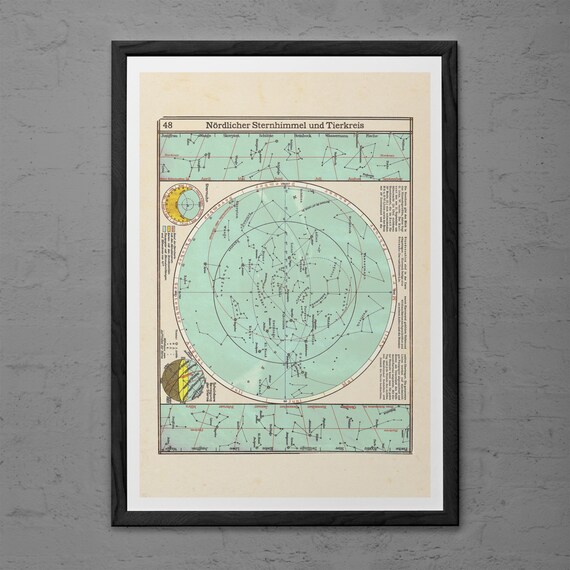 ANTIQUE ZODIAC MAP Antique Astrology Print Vinta Professional Reproduction 