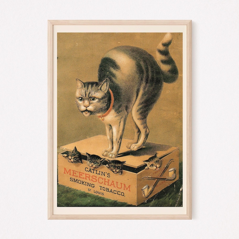 Antique TOBACCO PIPE ART, Meerschaum Pipe Sign, Antique Cat Poster, Man Cave Wall Art, Vintage Smoking Poster, Pipe Smoker Gift image 1