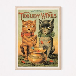 ANTIQUE CAT POSTER, Playful Cat Print, Weird Cat Lover Poster, Vet&#39;s Wall Art, Cat Lady Poster, Children&#39;s Game, Ribba Size Home Decor