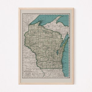 VINTAGE WISCONSIN KARTE, Vintage Karte von Wisconsin, Antike Karte Druck, Historische Wandkunst, Vintage Wisconsin Wandkunst