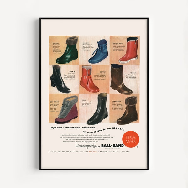 RAIN BOOTS AD, Vintage Ad Print, 1950s Boots for the Family Poster, Fashionable Boots Poster, Mid-Century Poster, Retro Poster Decor